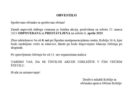 Sprememba datuma čistilne akcije v Kobilju